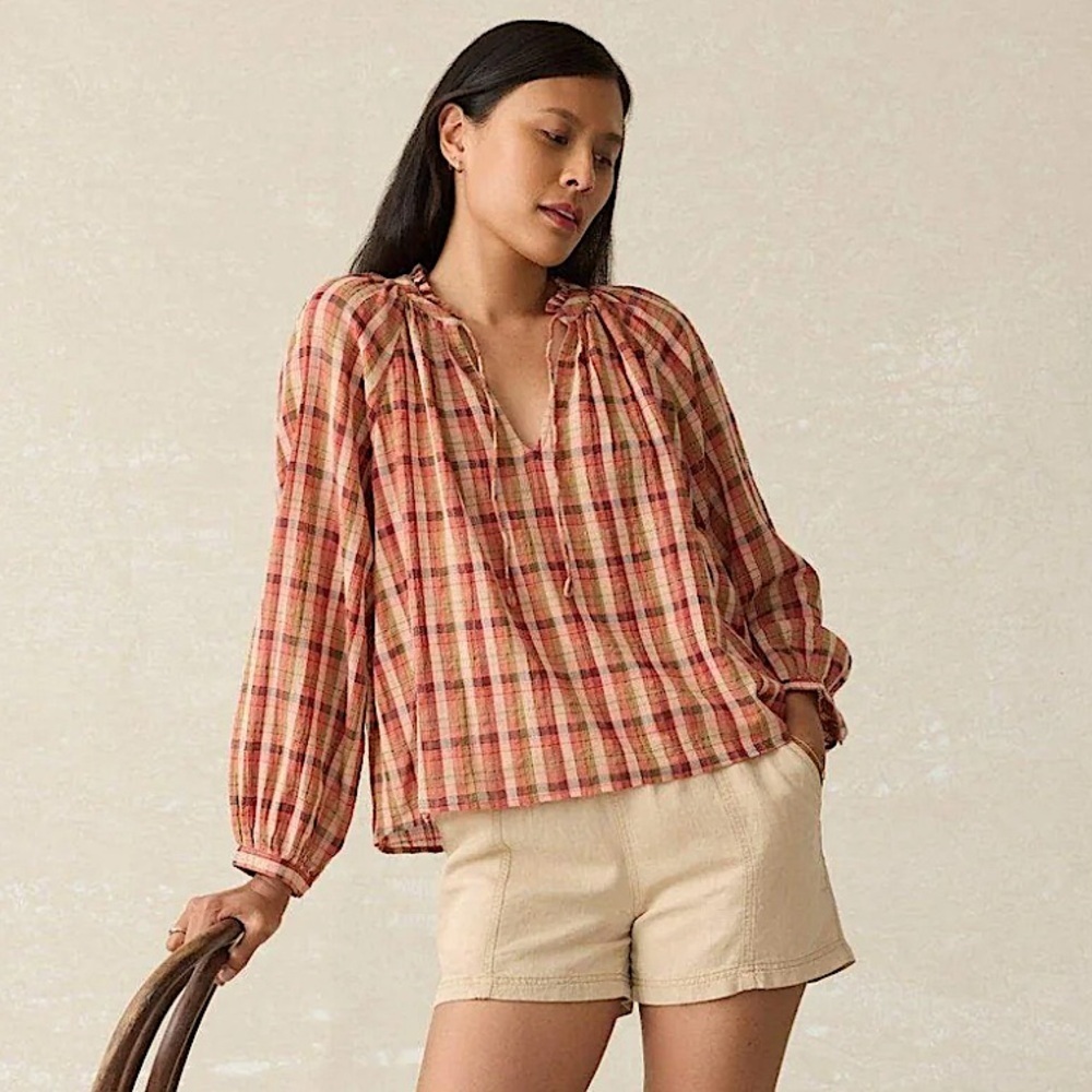 Faherty Annalise Blouse Top Organic Cotton‎ Sunset Gingham Plaid Small